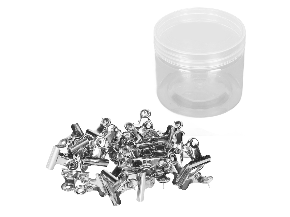 30 Pestañas Metálicas de Acero Inoxidable Plateadas con Clips Para Mesas Corcho y Carteles Publicitarios.