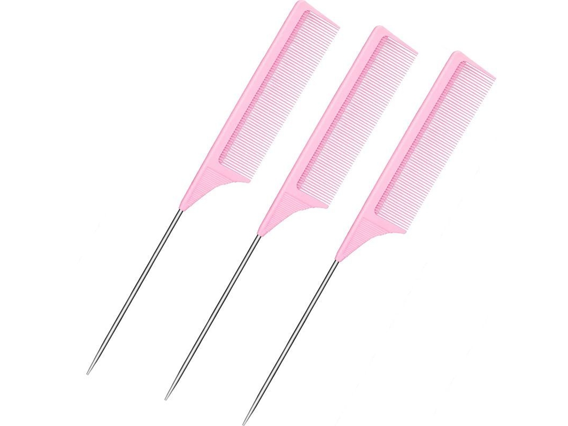 Peine De Fibra De Carbono Resistente Al Calor De 3 Piezas Con Cola De Rata De Acero Inoxidable Para Peinar Y Dar Forma Al Cabello Rosa.