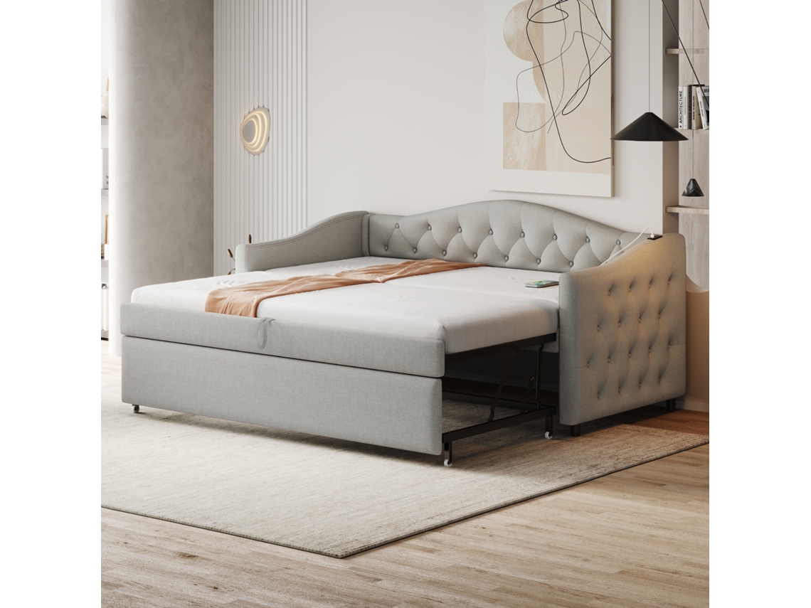 Sofá Cama Tapizado, 90x200 Cm, Con Puerto Usb, Forma Clásica Con Botones Con Somier, - Cama De Invitados, Gris, Sin Colchón