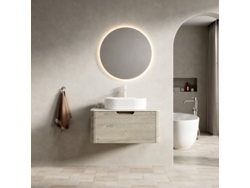 Mueble De Baño Suspendido 80 Cm Con Lavabo Oval Travertino Y Cajón Roble
