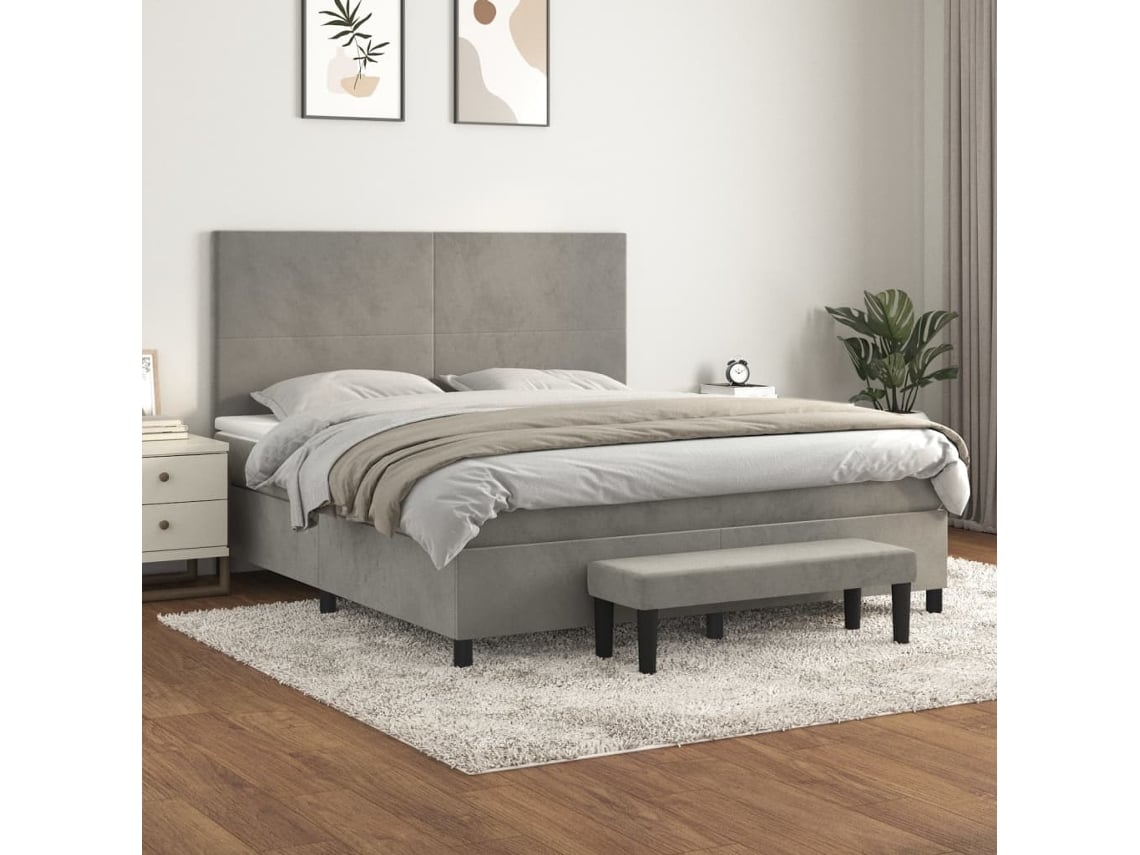 Cama Box Spring Con Colchón Terciopelo Gris Claro 160x200 Cm
