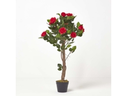 Rosal artificial Homescapes en maceta roja con hojas verdes realistas y un solo tronco, 90 cm