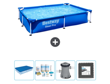 Piscina BESTWAY Rectangular Steel Pro - 221 x 150 x 43 cm - Azul - Incluida Cubrir - Paquete de mantenimiento - Bomba - Baldosas