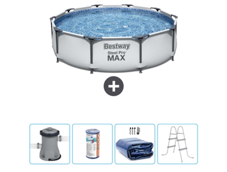 Piscina BESTWAY Round Steel Pro MAX - 305 x 76 cm - Gris - Bomba incluida Filtrar - Vela solar - Escalera