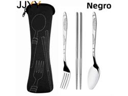 Conjunto de Talheres Portáteis de Aço Inoxidável com Padrão em Relevo e Bolsa para Viagem. MDUG (preto, 3 Peças)