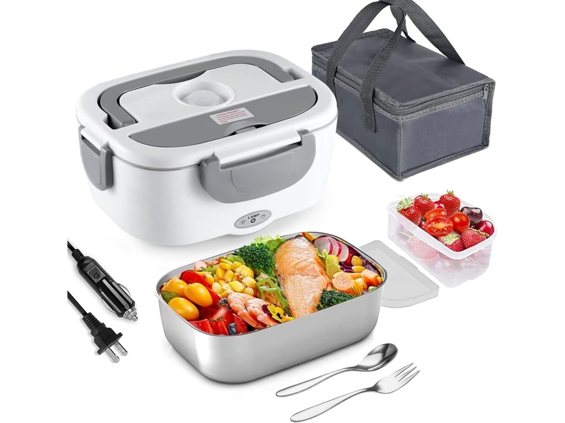 Fiambrera eléctrica Yunzii para uso doméstico, 220 V, para coche, 12 V/24 V, 1,5 L, acero inoxidable 304, con cuchara y tenedor, bolsa térmica, color blanco/gris