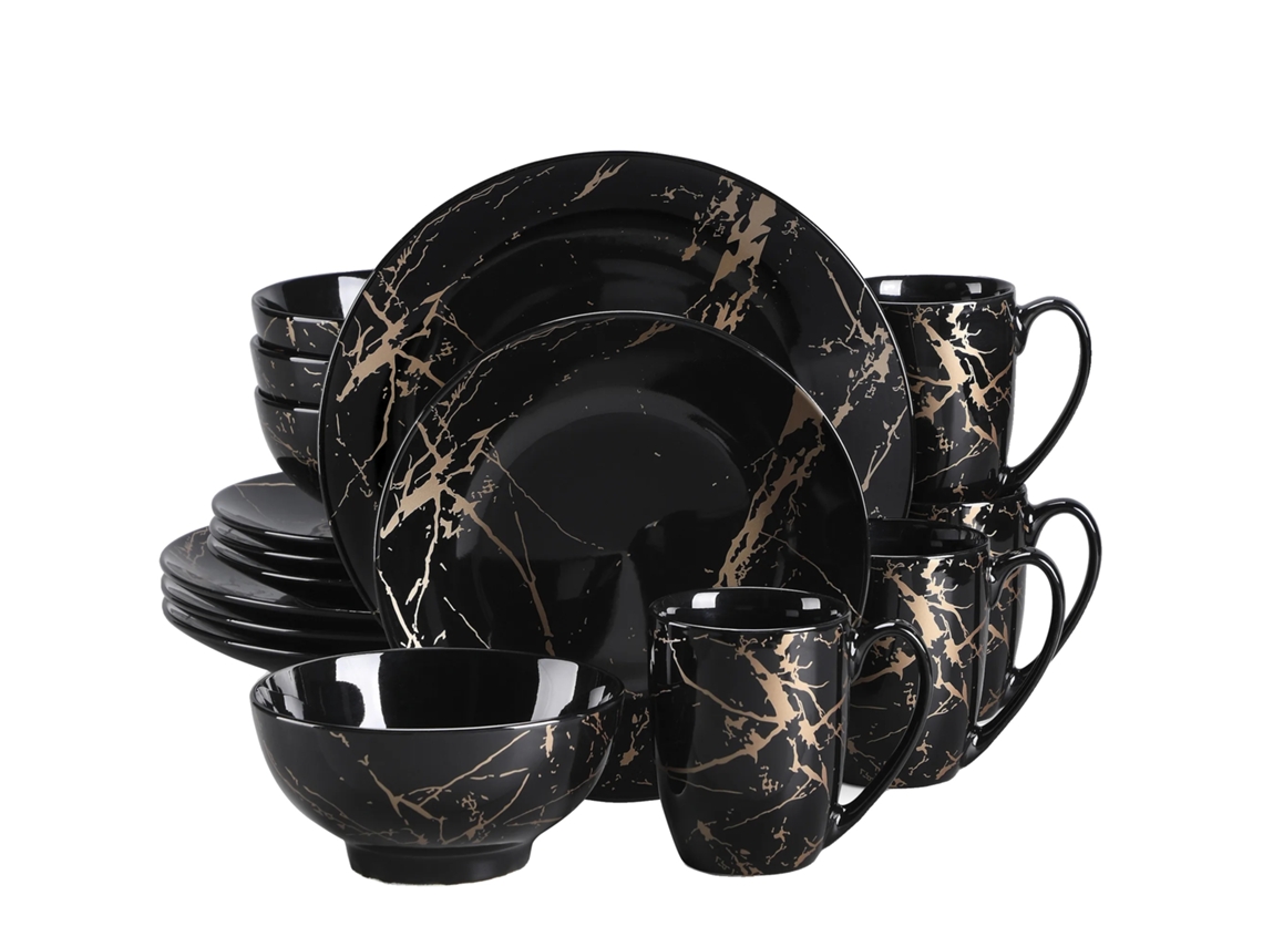 Juego de vajilla de porcelana, elegante diseño en negro y dorado, apto para 4-12 personas, 16 piezas