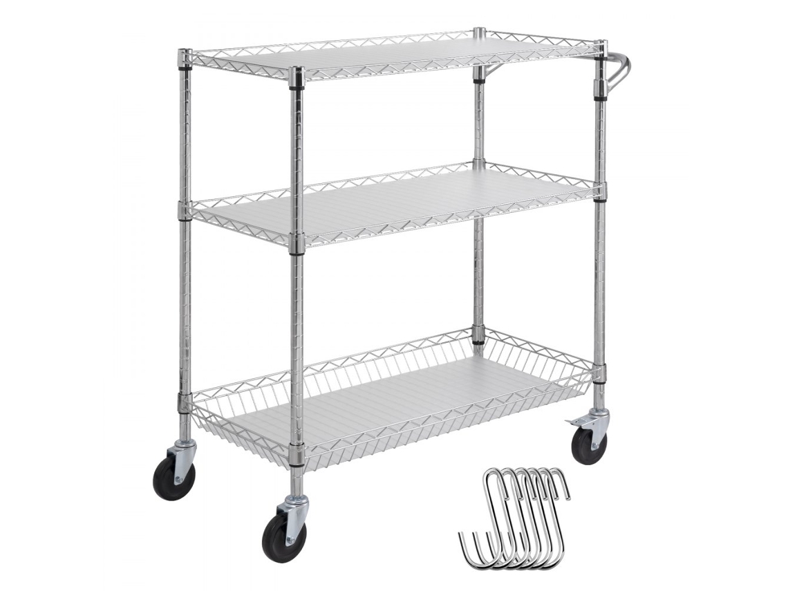 Carrito de Cocina con 3 Estantes de Acero Cromado, Capacidad 300kg Tekmaquinas