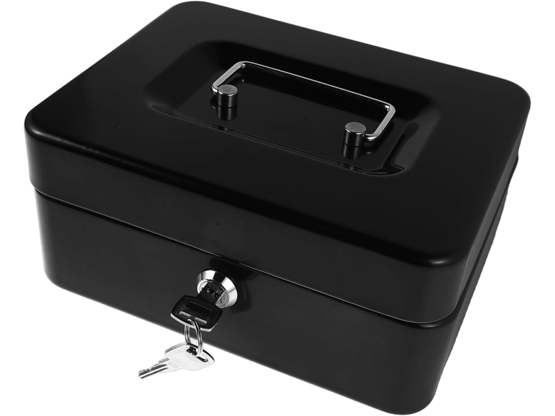 Caja Fuerte Negra Con Cerradura Y Bandeja Para Monedas.