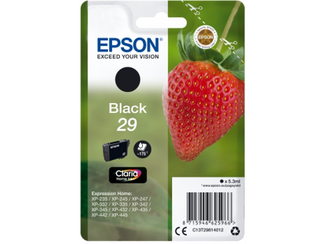 Cartucho de tinta original EPSON, 29, Fresa 5,3 ml , Negro, Estándar, C13T29814012, T2981