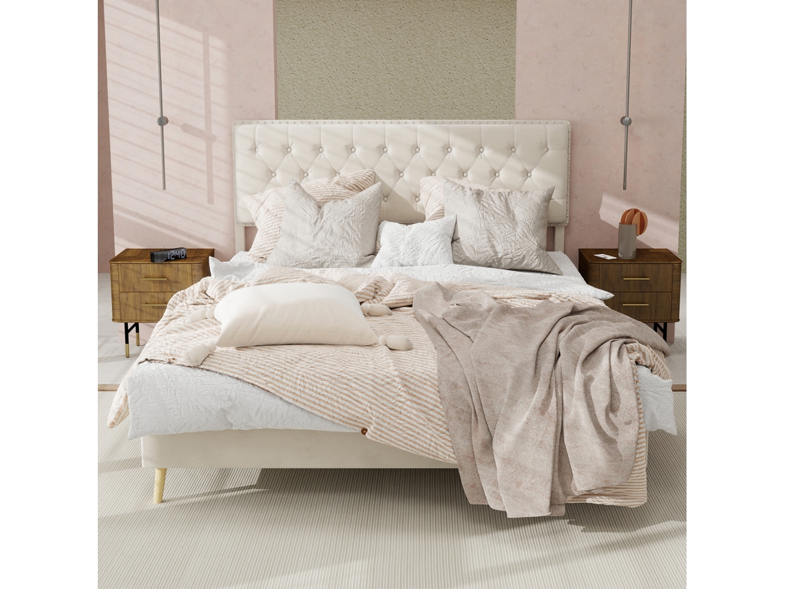 Cama Moderna 140x200 - Cabecero Suave Y Cómodo, Sin Barra Elevadora - Beige