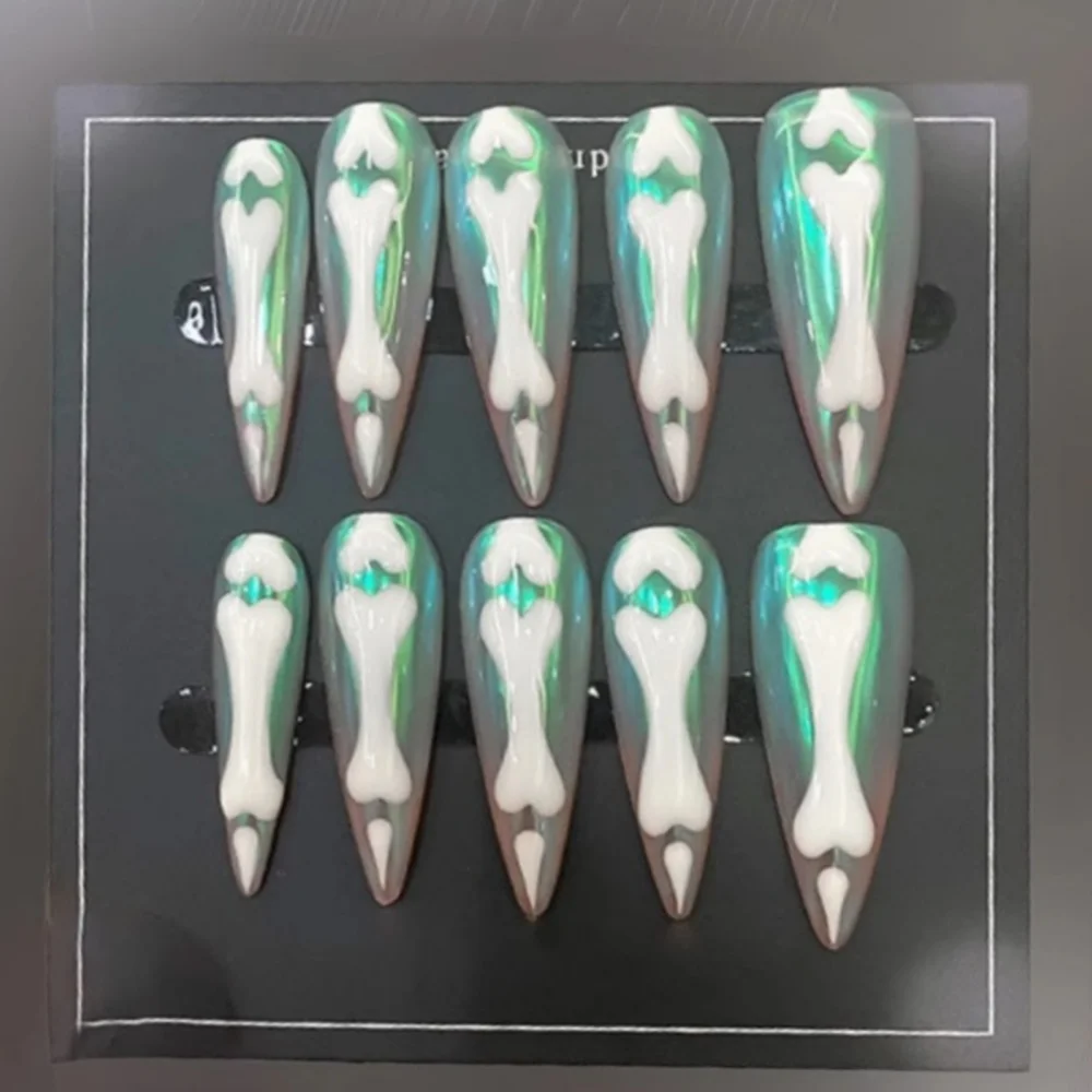 (g30-l) 10 Uñas Postizas Hechas A Mano, Estilo De Presión, Uñas Postizas Largas Francesas Con Forma De Almendra