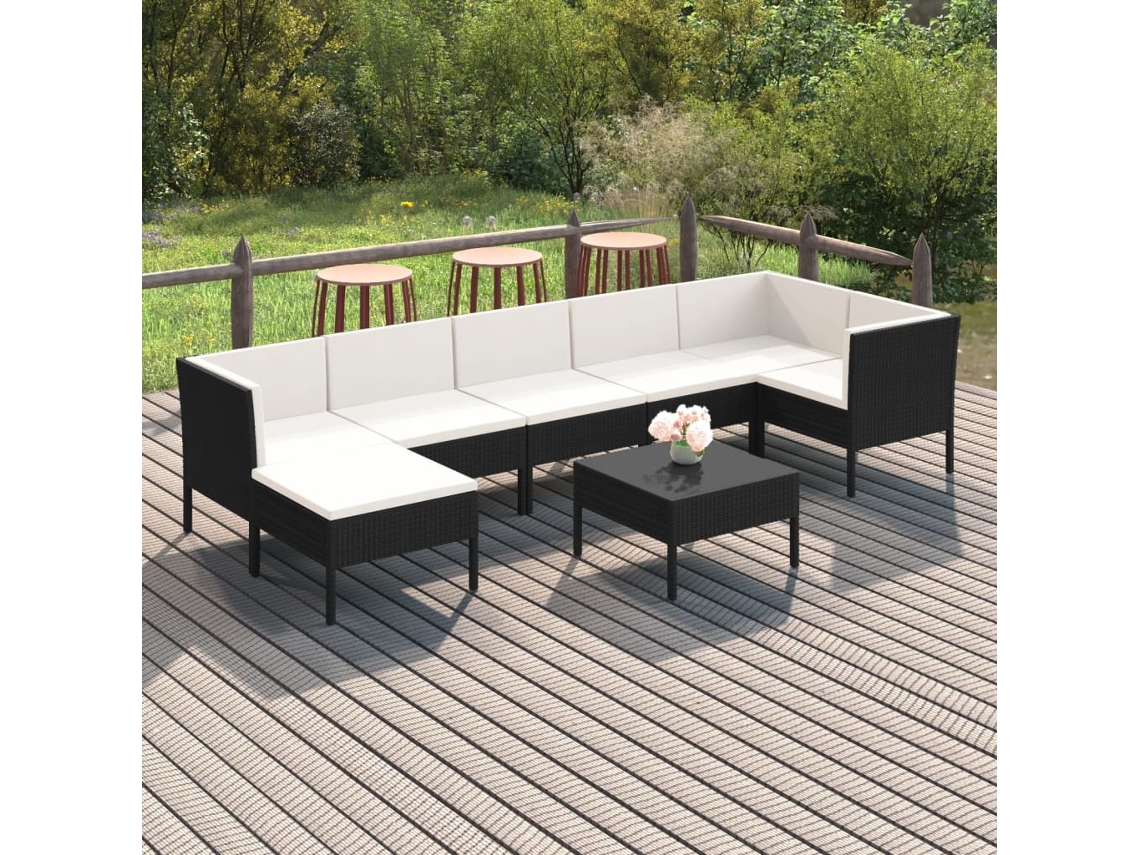 Conjunto de jardín de 8 piezas con cojines, mimbre sintético negro, DKD Home Decor