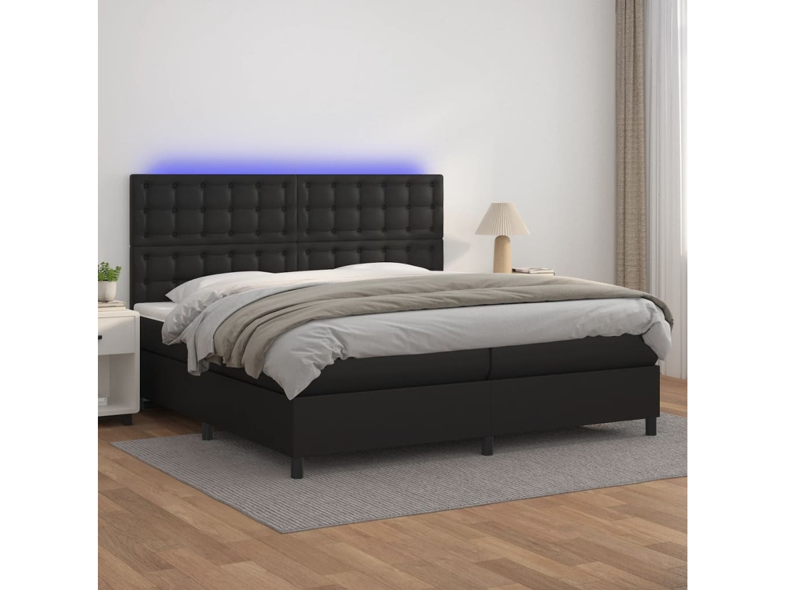 Cama Box Spring Colchón Y Led Cuero Sintético Negro 200x200 Cm