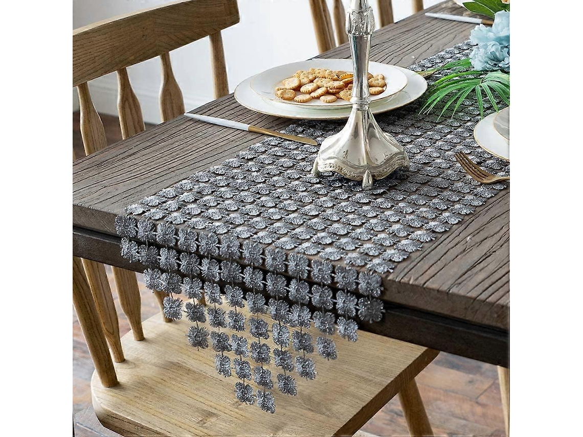 Rebe-mantel De Mesa 30x183 Cm Decoración Con Flores Brillo, Gris Plata