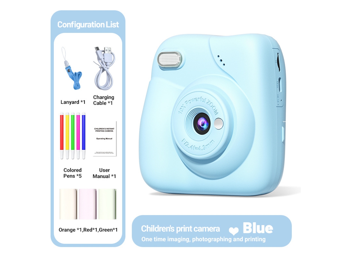 Cámara instantánea Eifson de 2.0 pulgadas, zoom 10x, 1080p, con tarjeta de 32 GB, papel térmico y lápices de colores (azul)