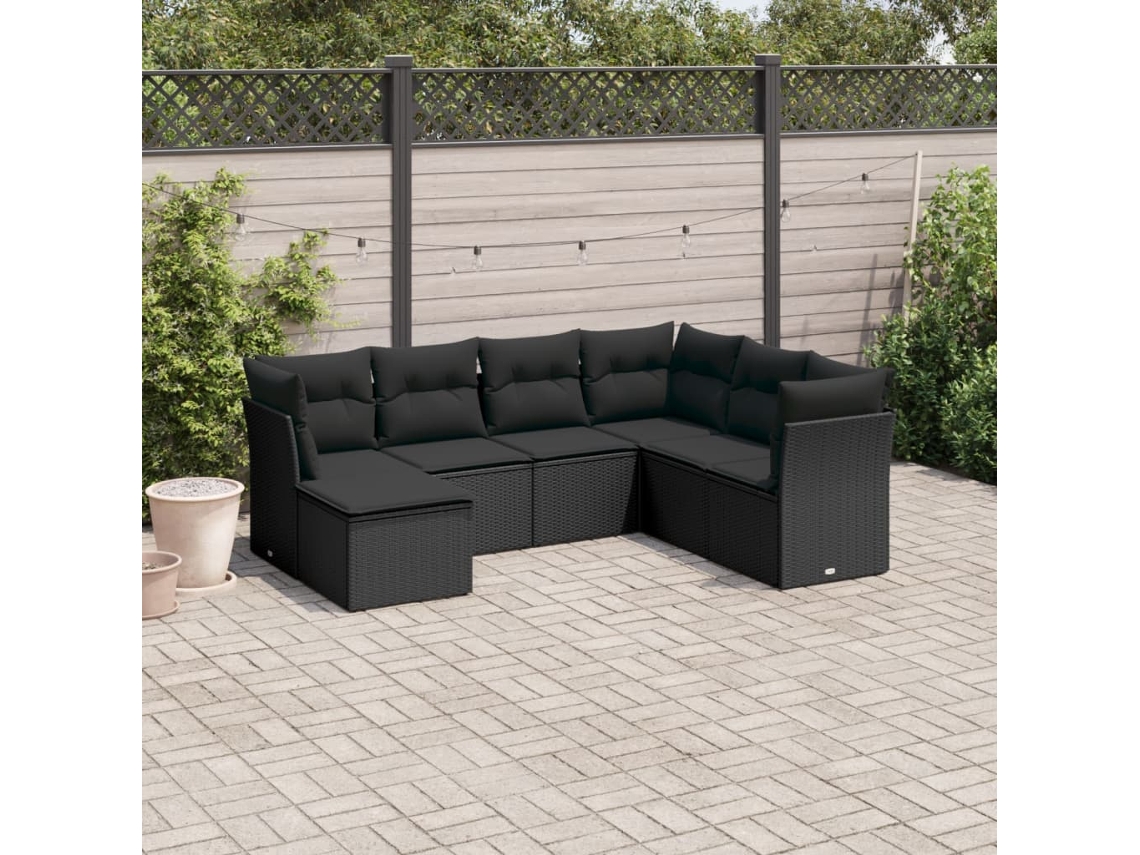 Conjunto de sofá de jardín de 7 piezas con cojines, ratán negro, Dkd Home Decor