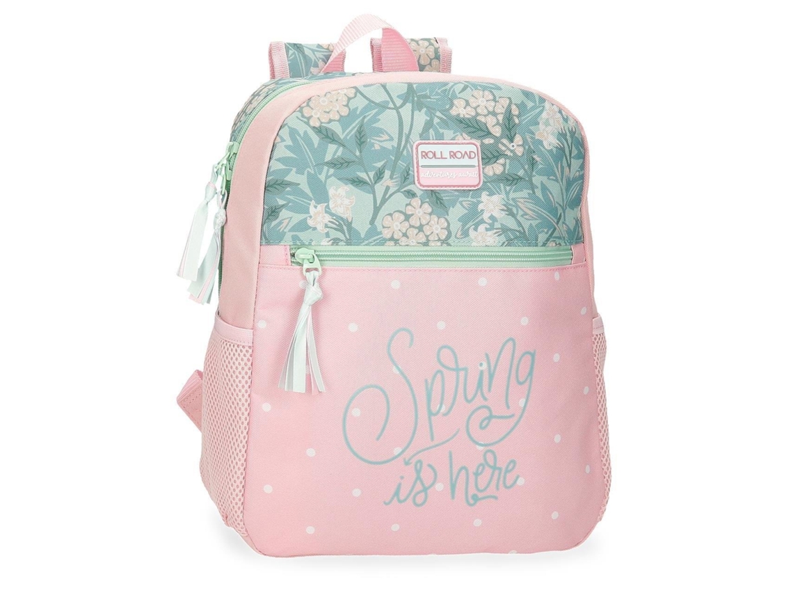 Mochila escolar Roll Road de poliéster rosa con la frase "La primavera ya está aquí"