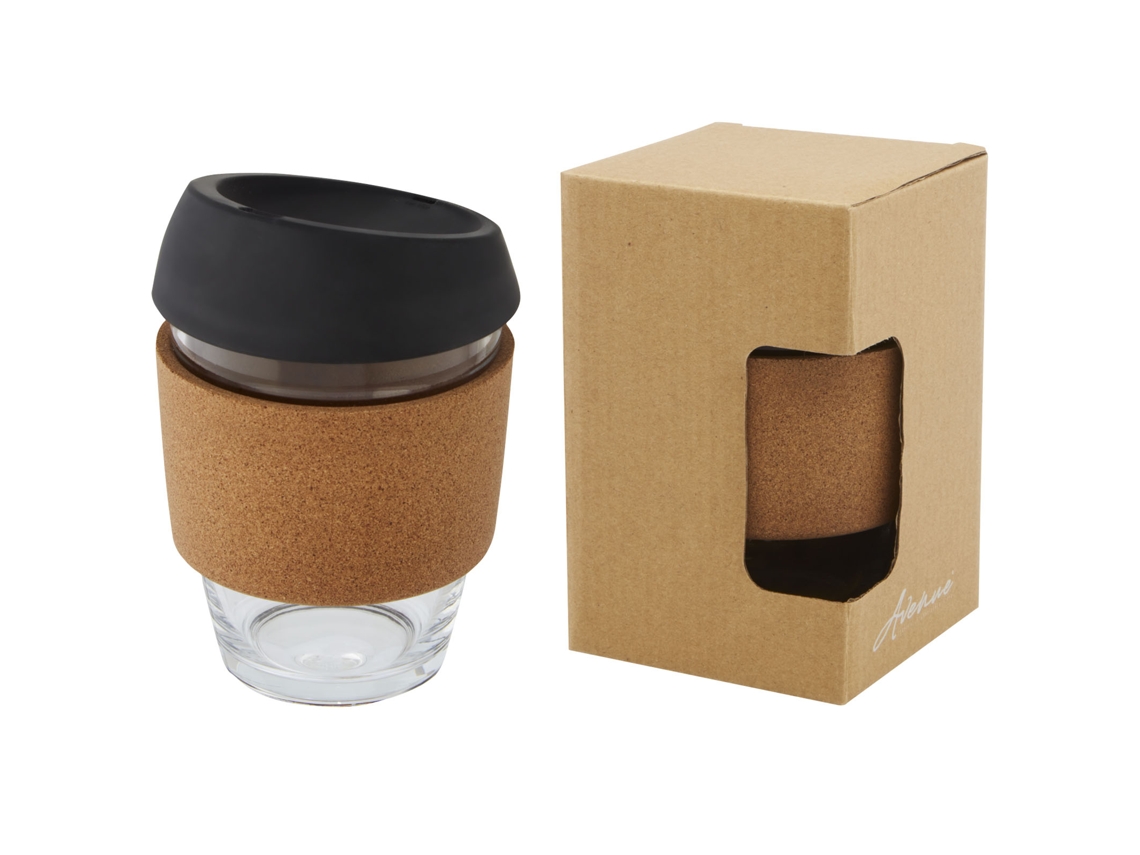 Vaso De Vidrio Borosilicato De 360 Ml Con Agarre De Corcho Y Tapa De Silicona "lidan"