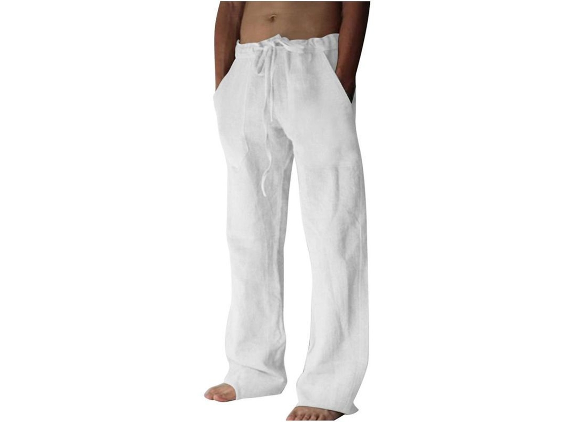 Pantalones Casuales De Algodón Y Lino Para Hombres Con Cintura Elástica Transpirables Y Cómodos De Pleno Largo L Blanco