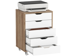 Cajonera móvil para oficina, mueble de almacenamiento con ruedas, 5 cajones, 47,5 x 39,5 x 67,5 cm, blanco y roble.