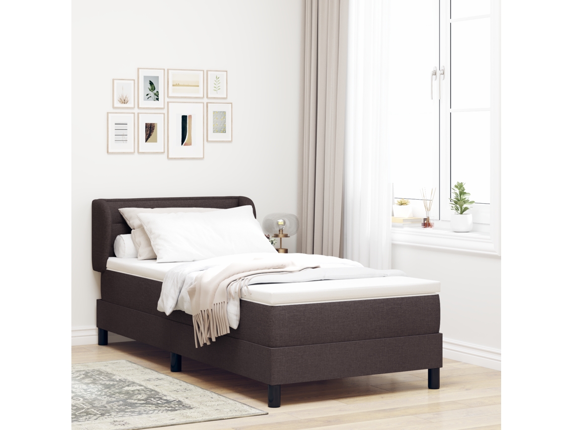 Cama Box Spring Con Colchón Tela Marrón Oscuro 90x200 Cm