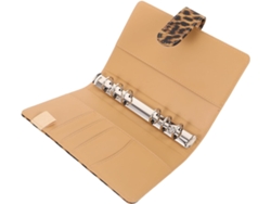 Carpeta organizadora A6 en piel sintética con estampado de leopardo, cierre magnético, cubierta ligera y resistente.