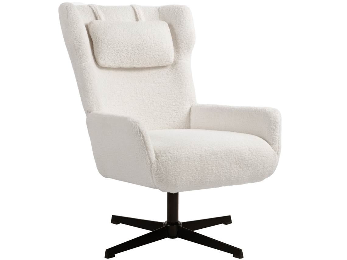Sillón tapizado con funda de lana, base giratoria, estructura de metal, color blanco crema.
