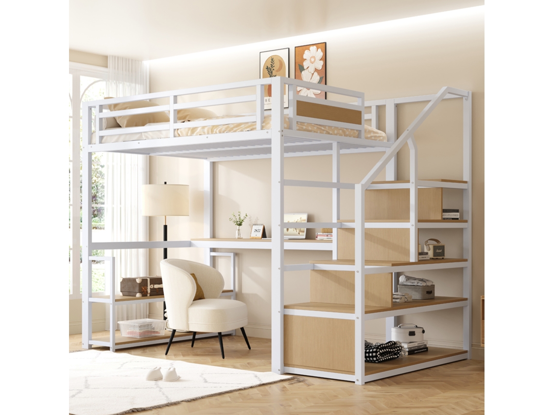 Cama Alta Metálica 140*200 con Escalera y Estantes de Almacenamiento, Diseño con Barandilla de Seguridad en Placas Metálicas Unidas.