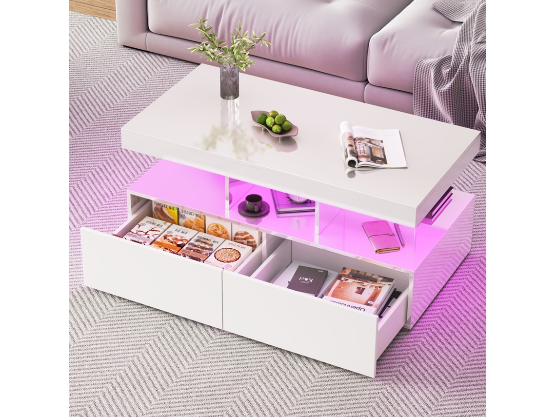 Mesa de centro 104x53x46 cm con iluminación LED para salón, diseño moderno de alto brillo con estantes abiertos y 2 cajones, blanco, Rosahqnda