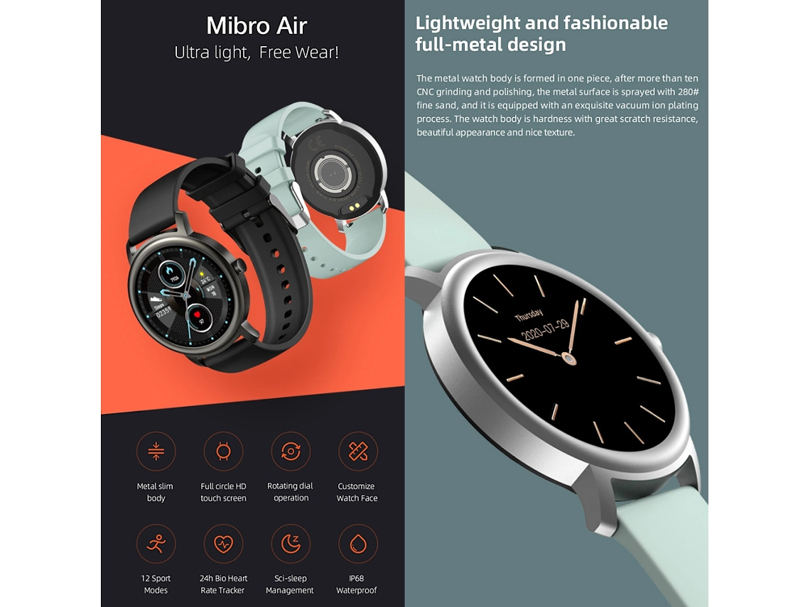 Reloj Inteligente Mibro Air Xpaw001 Con Monitor De Actividad Física, 12 Modos Deportivos, Monitor De Frecuencia Cardíaca Y Certificación Ip68.
