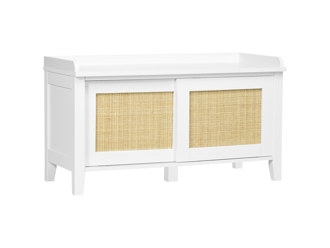 Zapatero con puerta corredera y frontal de ratán tejido, 80 x 35 x 45 cm, blanco.