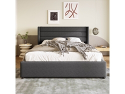 Cama Con Caja Náutica Hidráulica 160x200 Cm En Lino Gris, Cabecero De Diseño Único Con 3 Paneles Y Costuras, Gran Capacidad De Almacenamiento
