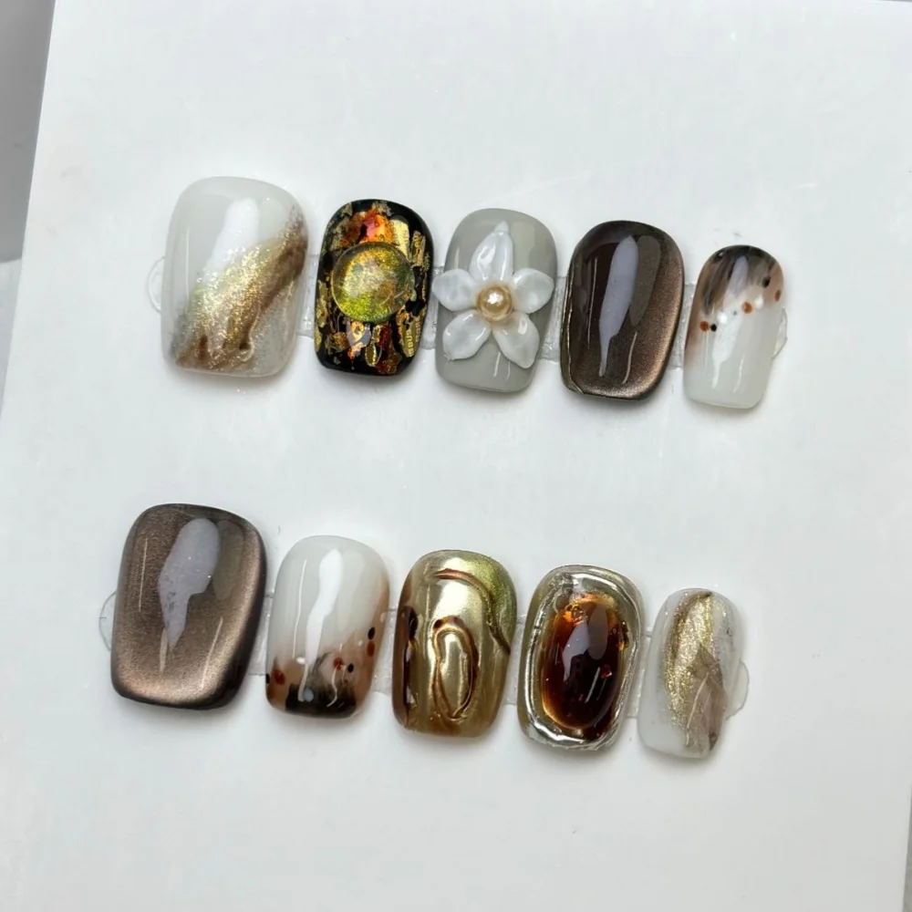 (b05-l) 10 Pegatinas De Uñas Postizas Hechas A Mano, Tipo Adhesivo Para Uñas