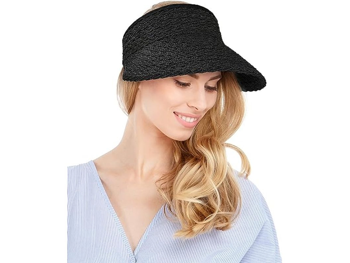 2026-sombrero De Paja Ancho Plegable Para Mujer Linjou, Protección Solar Ajustable, Verano Playa, Negro