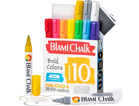 BLAMI ARTS 10 Paquete Rotuladores de Tiza Líquida 18 Etiquetas Tiza Líquida para Pizarra Borrable para Vidrio Metal Con Puntas Reversibles