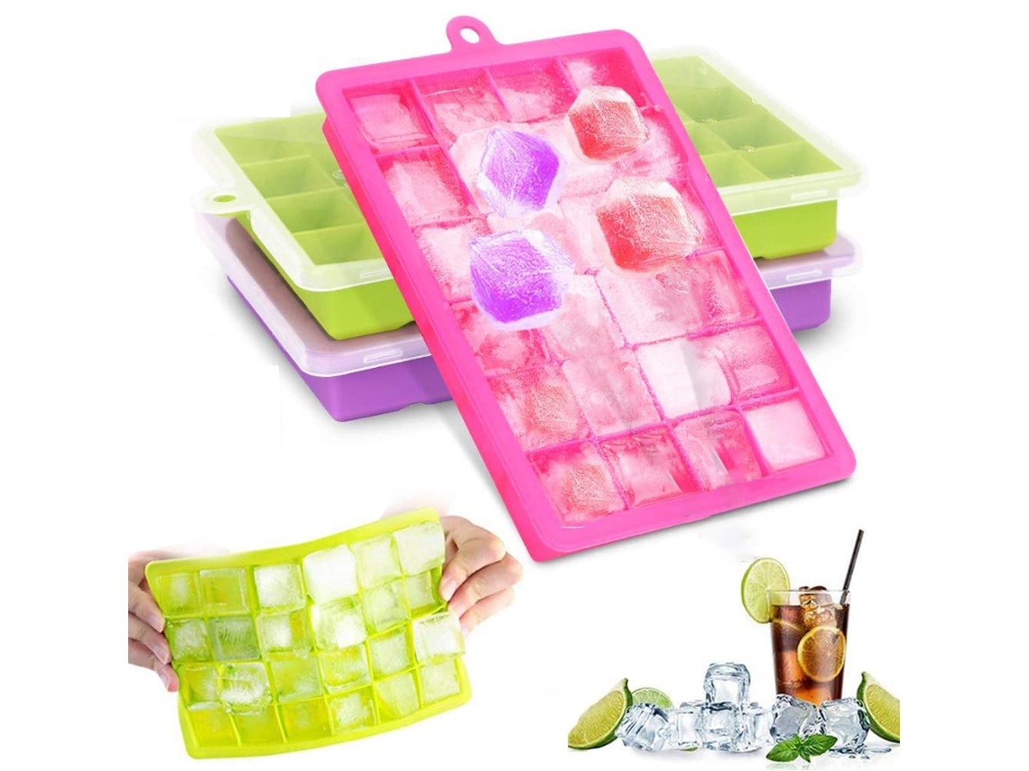 Juego JEIIBRZUI de 3 moldes de hielo de silicona con tapa verde púrpura rosa 24 cavidades