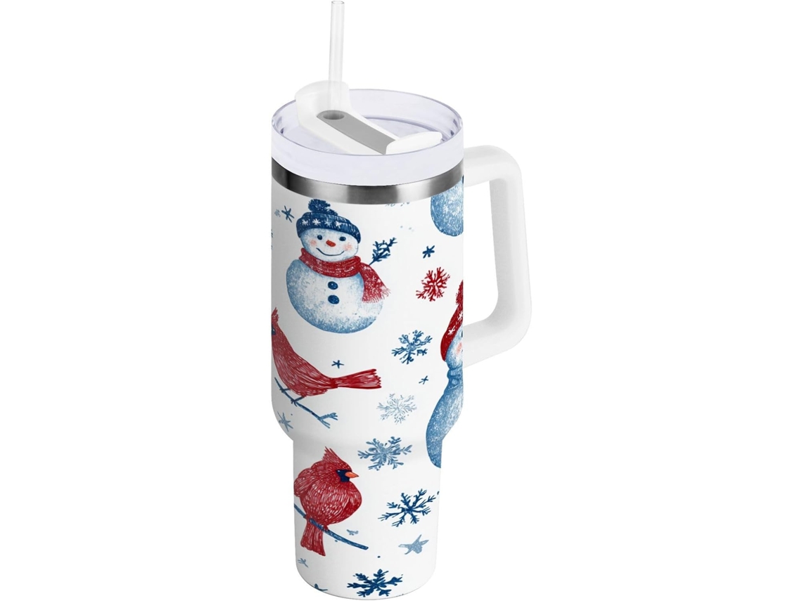 Taza térmica navideña con muñecos de nieve, 1200 ml, con pajita y tapa de acero inoxidable, sin marca.