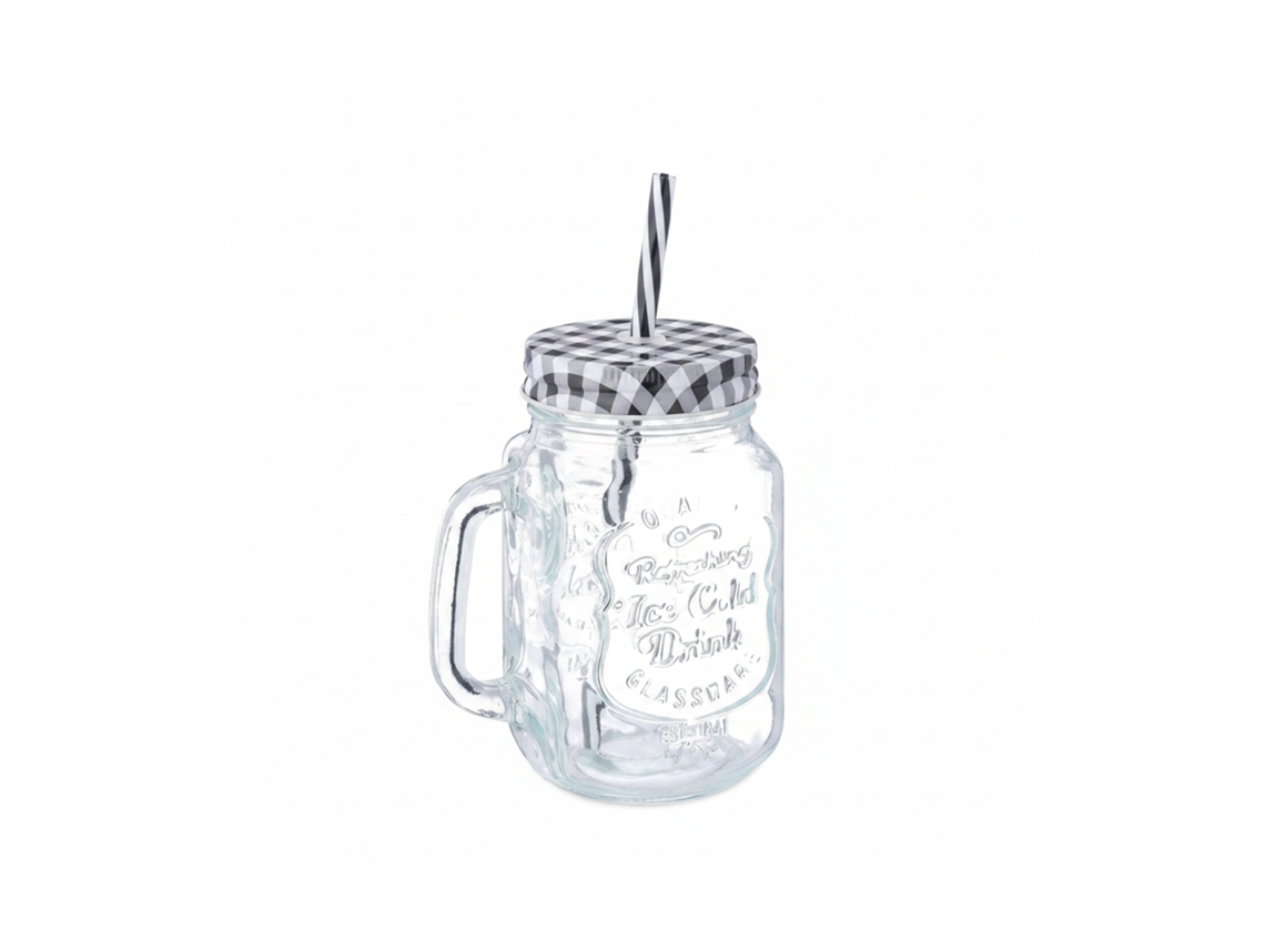 Vasos Relaxdays con tapa y pajita, juego de 8 vasos, 500 ml, vasos retro de verano con asa, color negro.