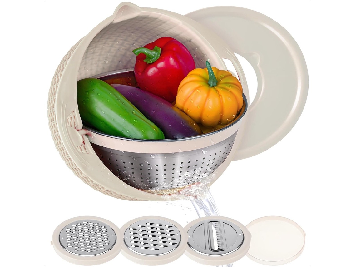 Bol Beige 2,5l 26cm Con Tapa Colador Y Rebanador Para Ensalada Mezclar Servir