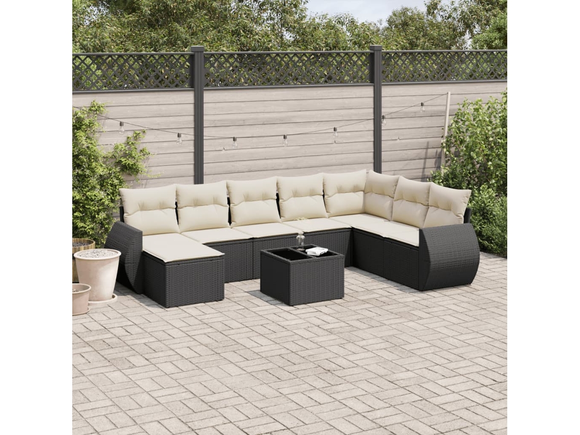 Conjunto de sofá de jardín de 9 piezas con cojines, ratán negro, Dkd Home Decor