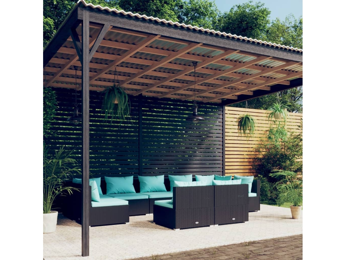 Conjunto de jardín de 9 piezas con cojines, mimbre sintético negro, DKD Home Decor