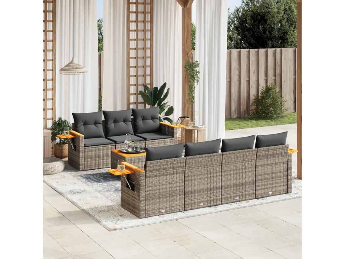Conjunto de sofá de jardín de 8 piezas con cojines, ratán gris, DKD Home Decor