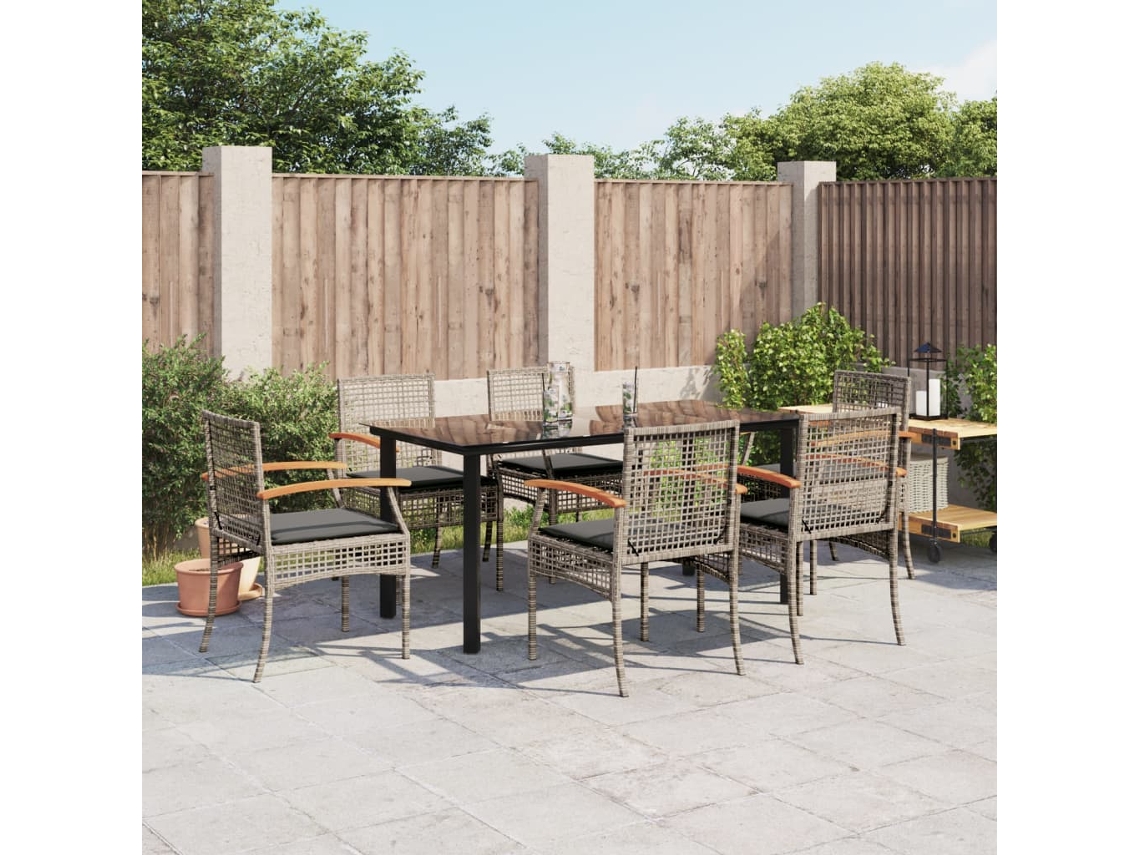 Juego de comedor de jardín de 7 piezas con cojines, mimbre gris, DKD Home Decor