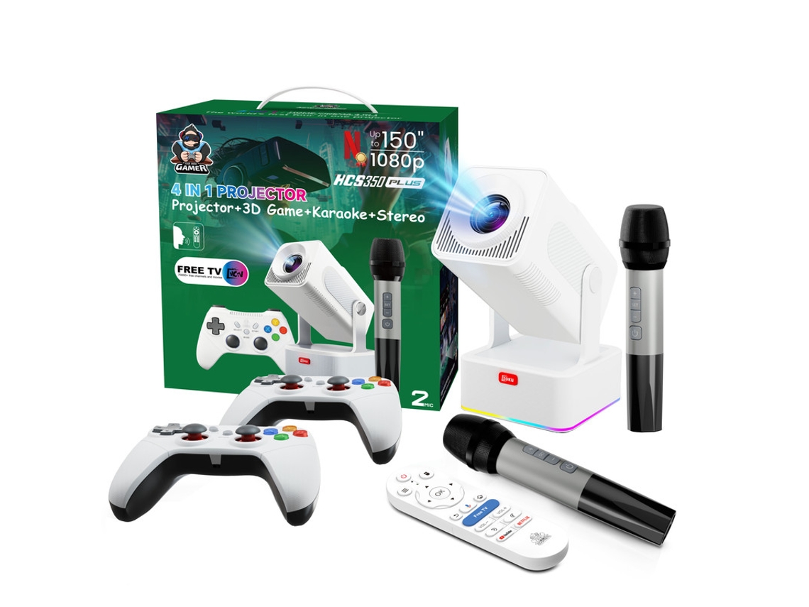 Proyector 4 en 1 Szsmart Hcs350 Plus, Resolución nativa 1080p, 450 ANSI, Android 12, Wi-Fi 6, Bluetooth, con 2 Micrófonos + 2 Gamepads, Karaoke, Juegos Retro, Cine en Casa.
