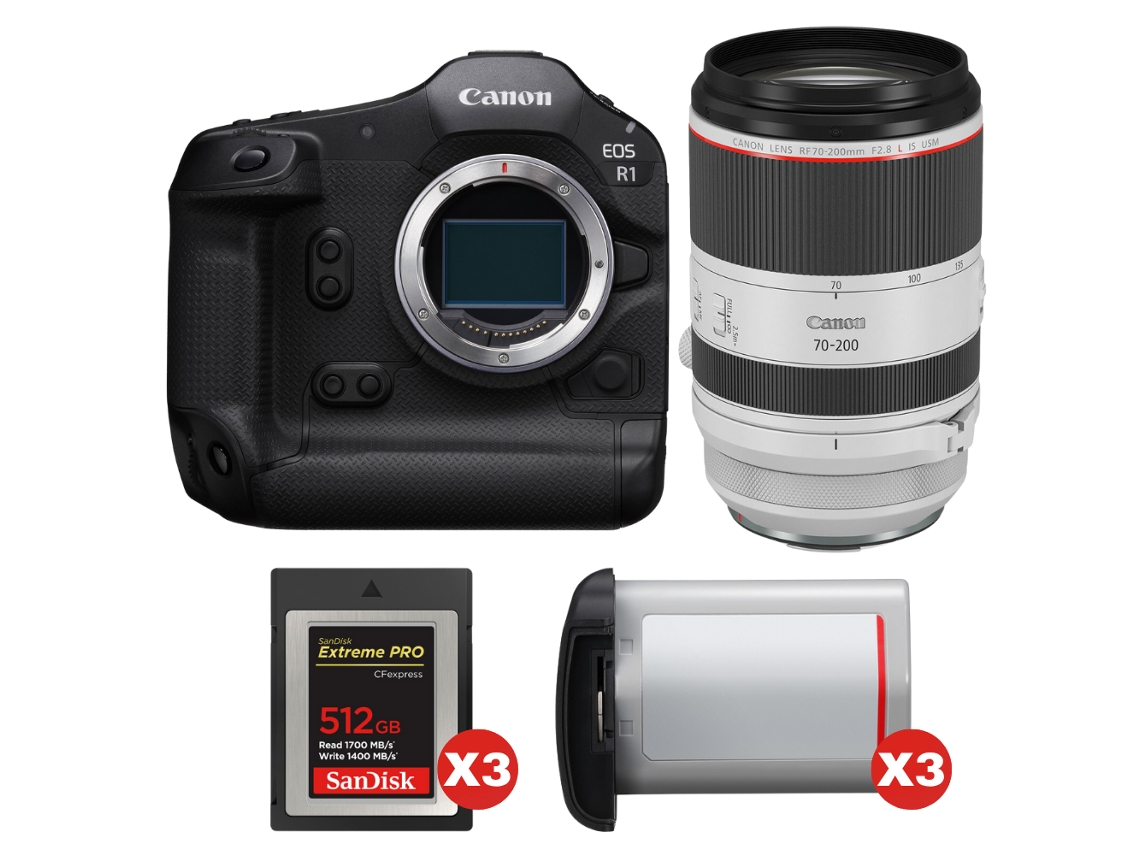 EOS R1 + RF 70 200mm F/2.8 L IS USM + 3 tarjetas Sandisk Extreme Pro de 512 GB Cfexpress Tipo B + 3 tarjetas Canon LP E19 + Libro electrónico Pricedirect CANON