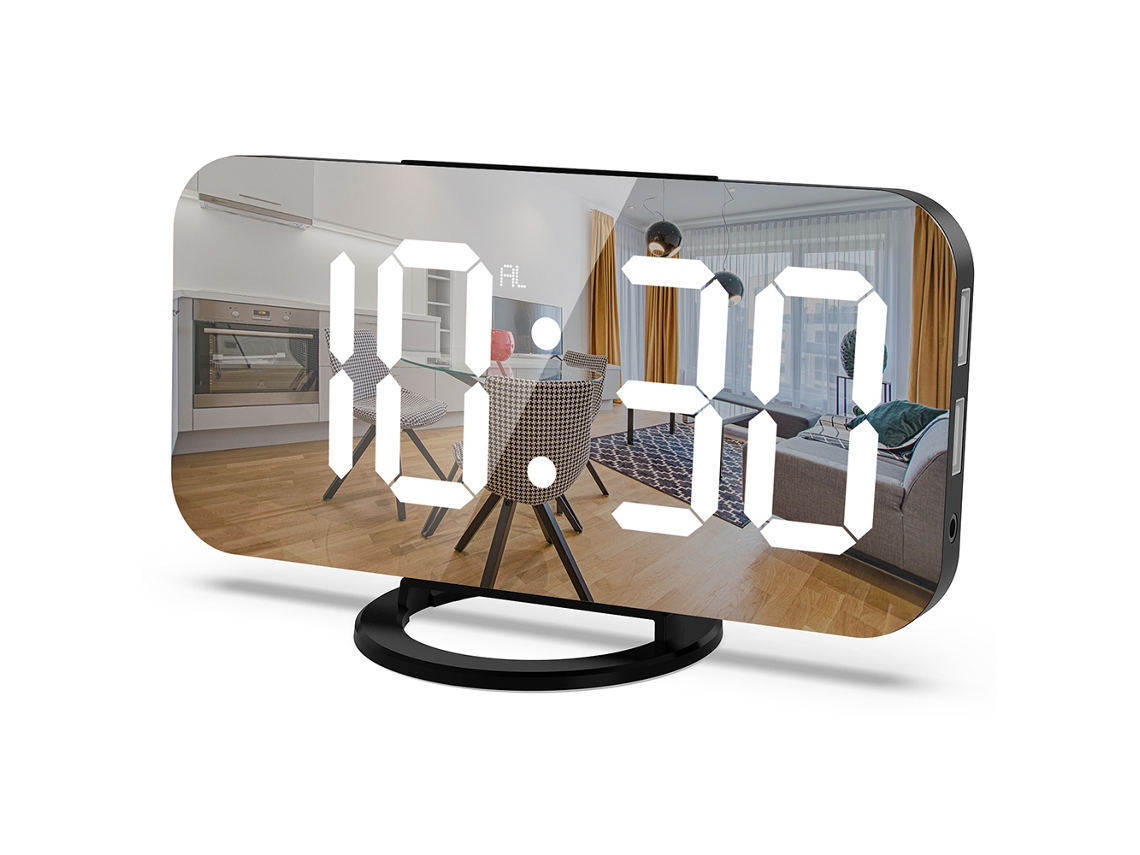 Reloj Espejo LED, 2 Puertos USB, Snooze, Ajuste Automático de Brillo. Kofihety