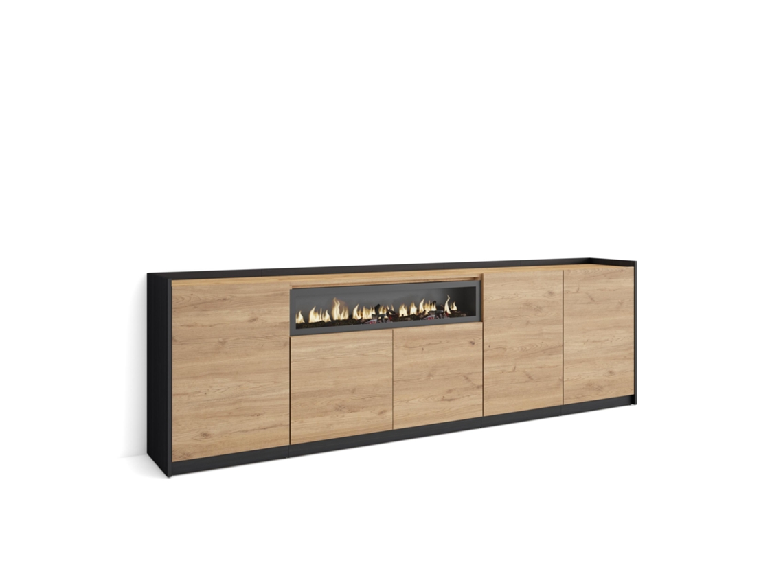 Aparador de comedor, 260x37x80cm, 5 puertas, chimenea eléctrica, roble y negro.