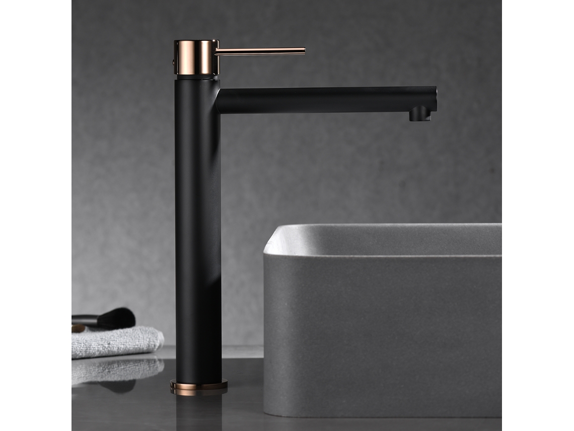 Grifo monomando para lavabo alto en latón negro mate y zama oro rosa, cartucho cerámico de 25 mm, incluye latiguillos flexibles de 38 cm. Imex