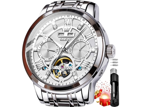 VEANXIN Reloj automático de acero inoxidable Tourbillon hueco mecánico con diamantes dorados para hombre(plata)